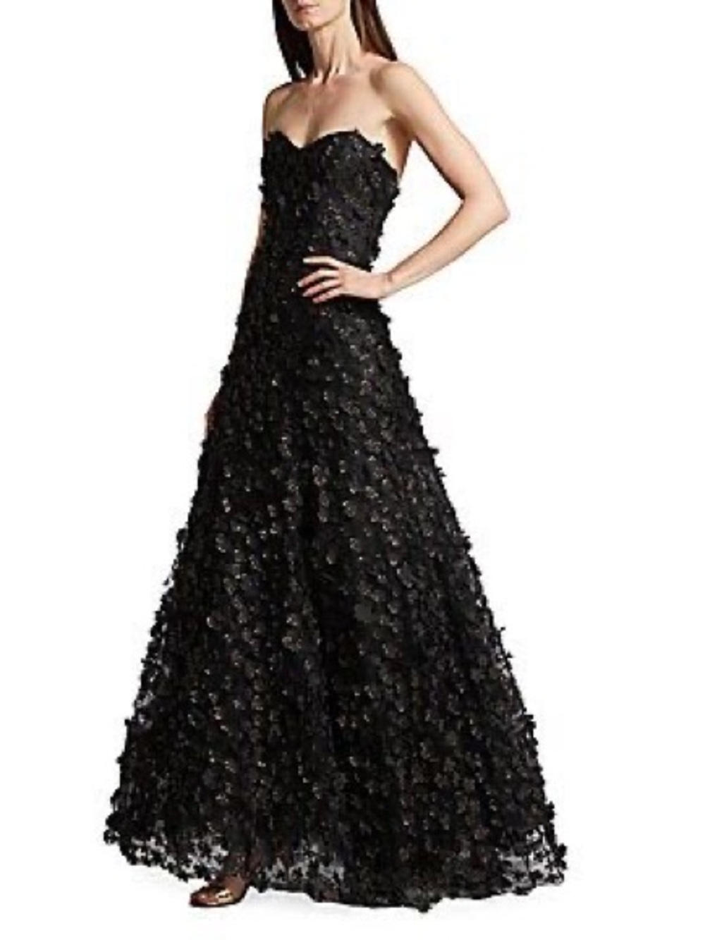 Amsale Black Strapless Floral Appliqué Ball Gown